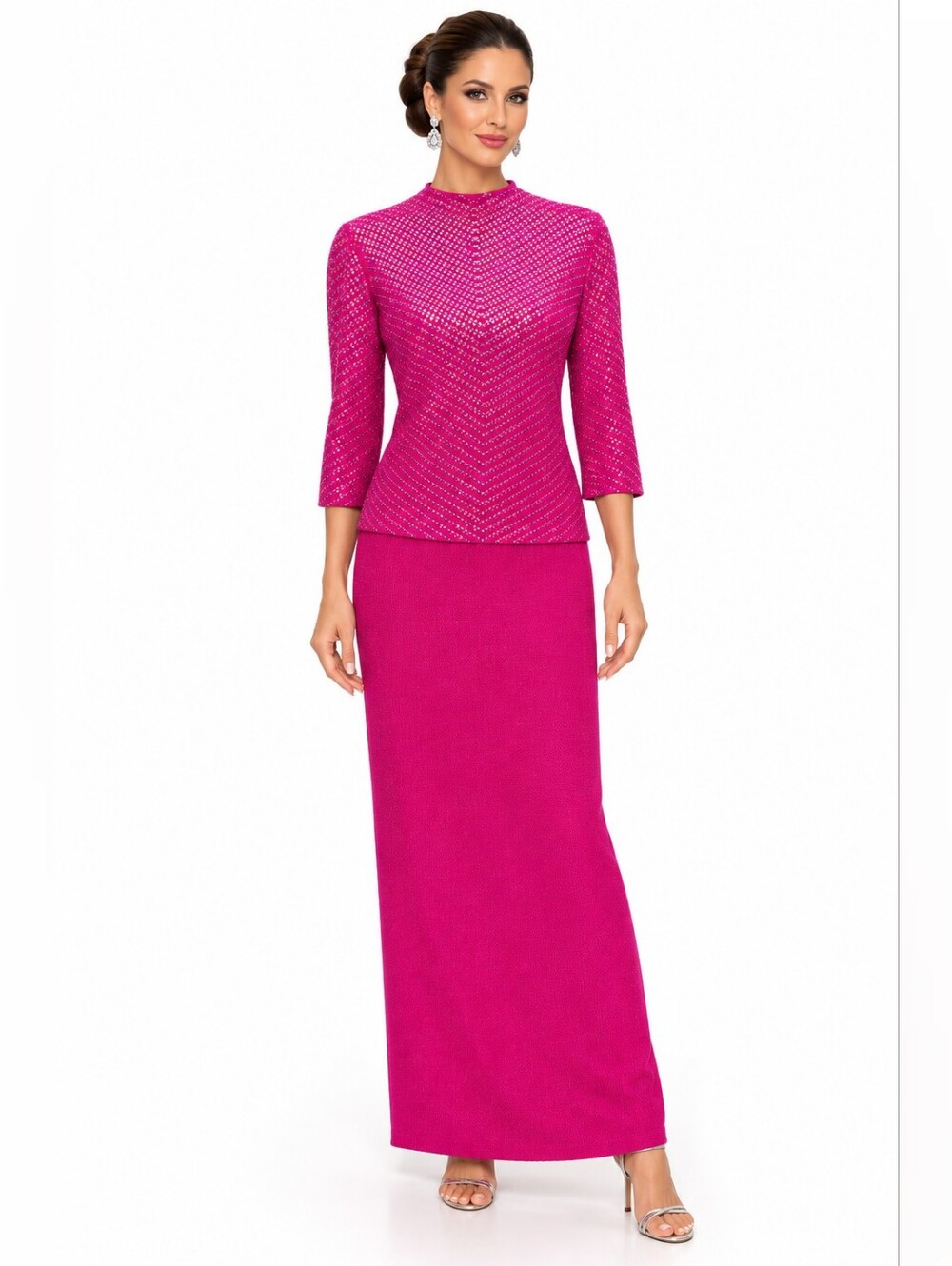 St John Evening Marie Gray Fuchsia Sequin Knit Top 6 Maxi Skirt 8 Set
